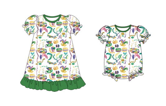 25.10.10 custom each style moq 5 eta 6-8week Sibling Sisters mardi gras baby girl short sleeve dress and romper match family design