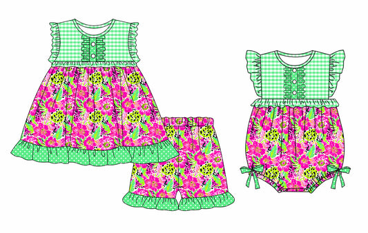 3.13 custom each style moq 5eta 4-6week Sibling Sister floral baby girl short sleeve shorts sets and romper match design