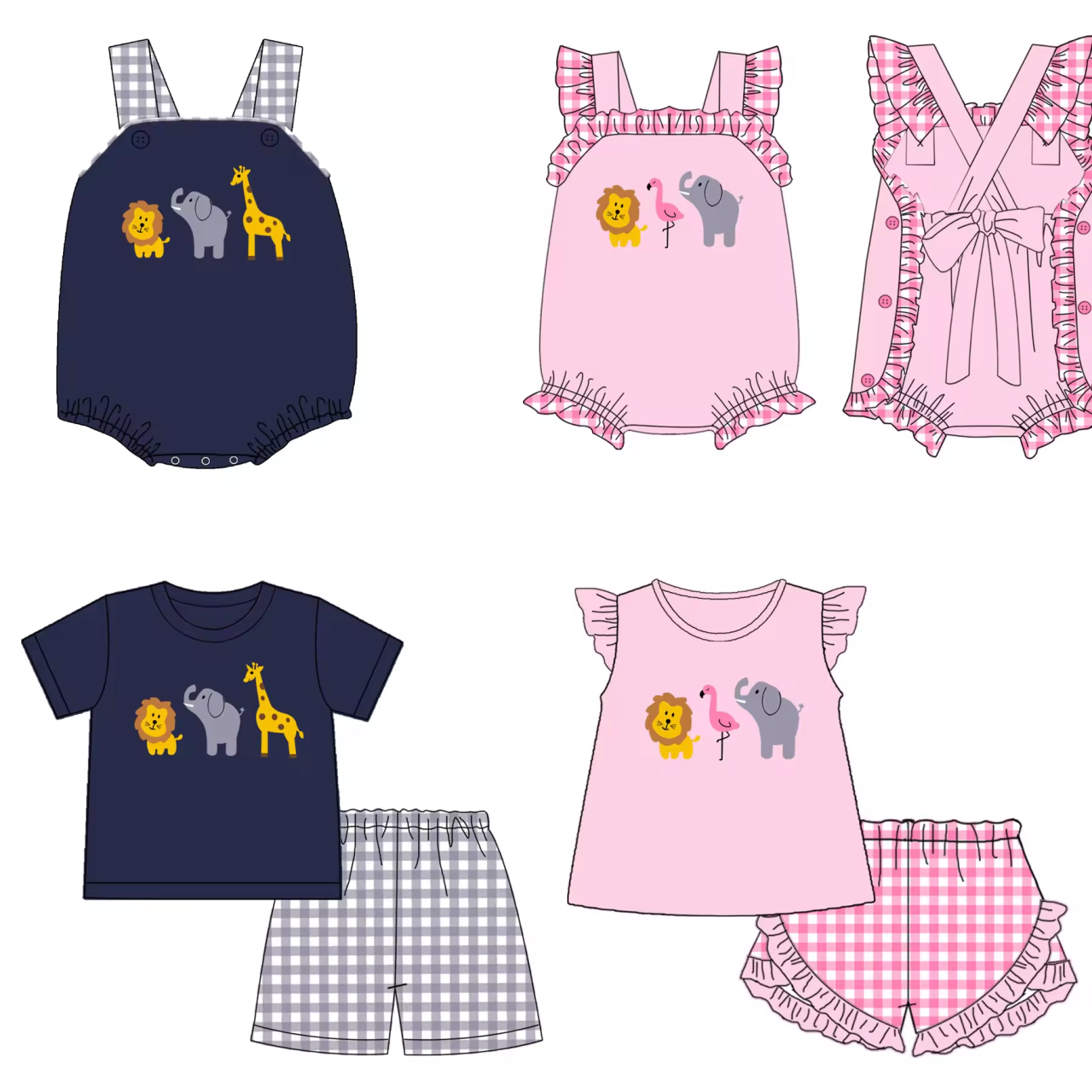 5.21custom each style moq 5eta 4-5week Sibling Sister animal print dark blue and pink girls and boys outfits and baby romper match family design