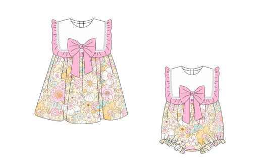 25.10.2 custom each style moq 8 eta 6-8week Sibling Sisters floral baby girl short sleeve dress and rompers match family design