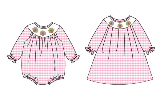 25.7.8 custom each style moq 5eta 4-6week Sibling Sisters turkey pink baby girl long sleeve dress and rompers match family design