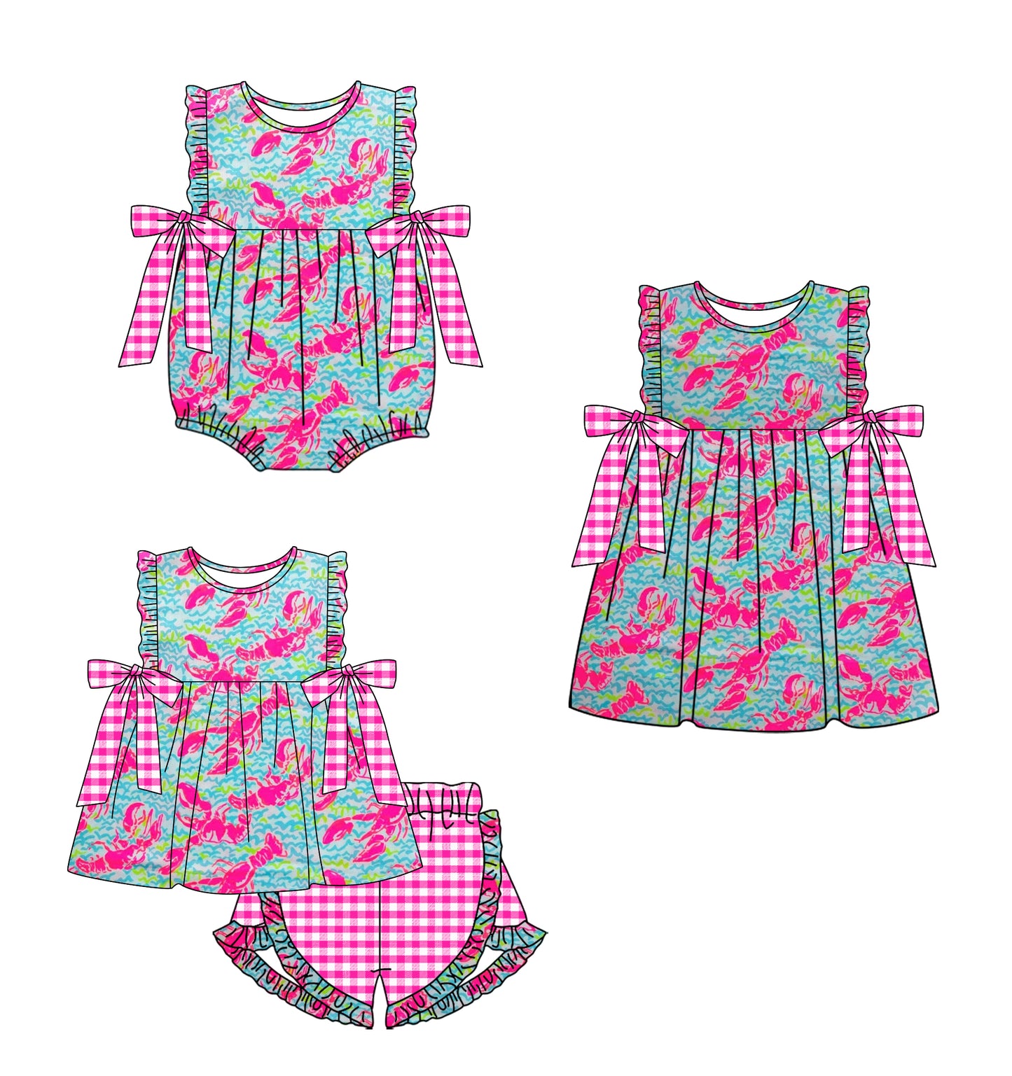 12.13 custom each style moq 5eta 4-6week Sibling Sister crayfish baby girl short sleeve shorts sets and dress and rompers match family design