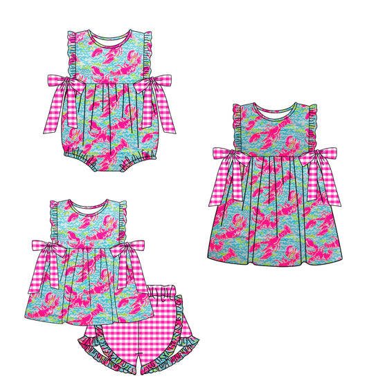 12.13 custom each style moq 5eta 4-6week Sibling Sister crayfish baby girl short sleeve shorts sets and dress and rompers match family design