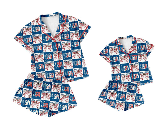 3.18 custom each style moq 5eta 4-6week Sibling Sister bow short sleeve shorts sets and adult sets match design