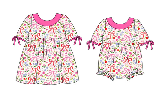 25.10.3 custom each style moq 8 eta 6-8week Sibling Sisters bow floral baby girl short sleeve dress and rompers match family design
