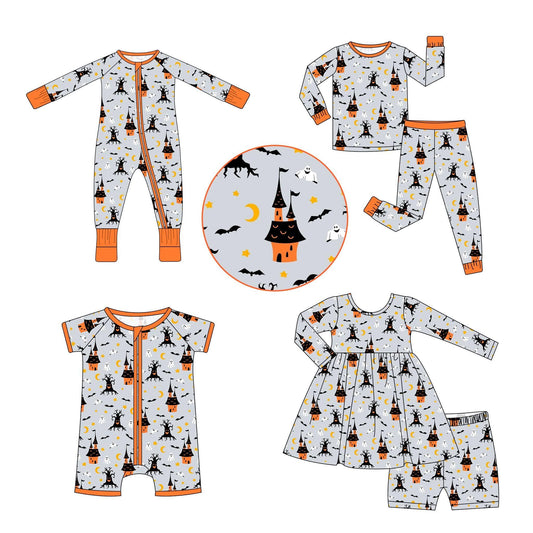 5.9custom each style moq 5eta 4-5week Sibling Sister Halloween Horror Castle prints gray girls and boys outfits and baby rompers match family design