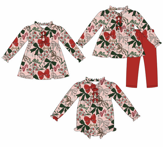 25.7.26 custom each style moq 5eta 4-6week Sibling Sisters Christmas bow baby girl long sleeve pants sets and dress and rompers match family design