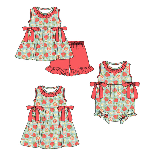 3.2 Custom moq 5 mix size Sibling Baby Girl's Sleeveless Top And Red Shorts Set Cute Romper Dress for Summer