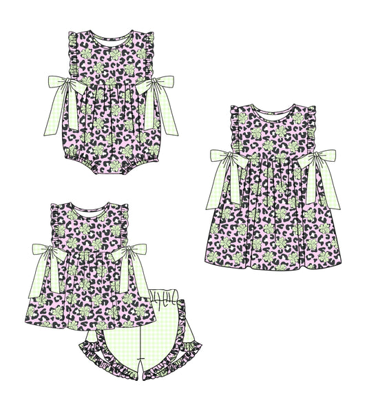 12.3 custom each style moq 5eta 4-6week Sibling Sister leopard baby girl short sleeve shorts sets and dress and rompers match family design