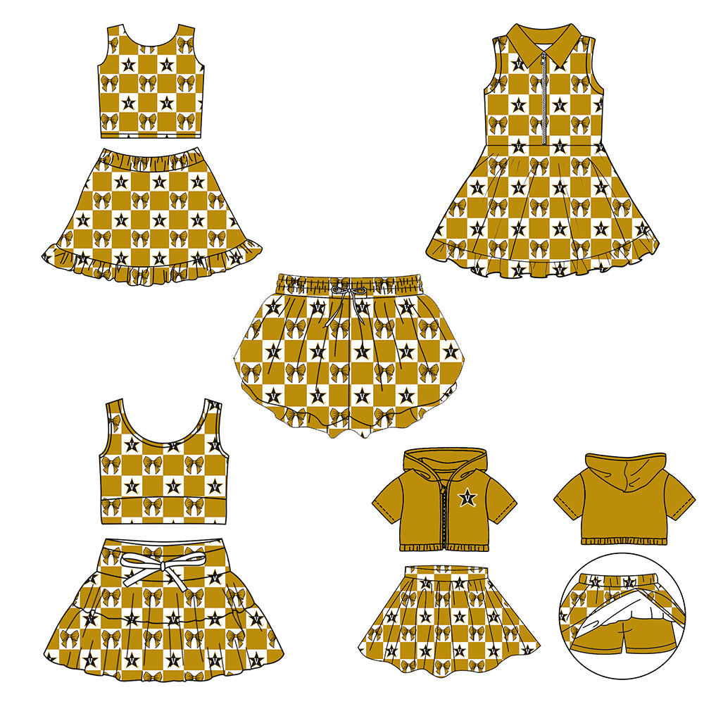 Custom moq 3 or 5 mix size milk silk summer teams baby girl clothes bow khaki sleeveless skirts sets 3 and dresss and shorts-26.1.20