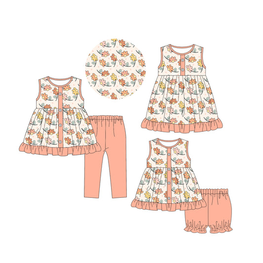 5.5 custom each style moq 5eta 4-6week Sibling Sisters floral baby short sleeve shorts sets and pants sets and dress match family design