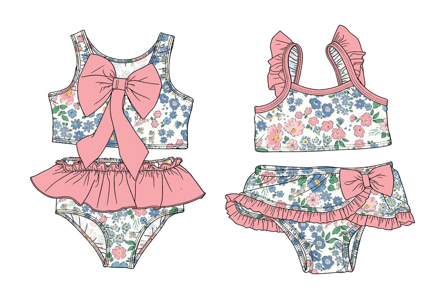 3.14 Custom moq 5 mix size Sibling Baby Girls Pink Flowers Sleeveless Top With Bow Bummies Two-Piece Set Infant Swimwear