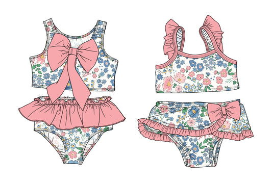 3.14 Custom moq 5 mix size Sibling Baby Girls Pink Flowers Sleeveless Top With Bow Bummies Two-Piece Set Infant Swimwear