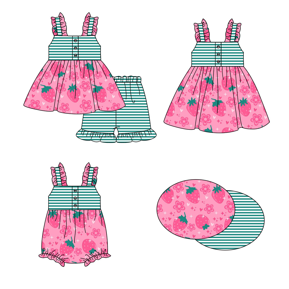 1.16 custom each style moq 5eta 4-6week Sibling Sisters strawberry floral baby girl short sleeve shorts sets and dress and rompers match family design