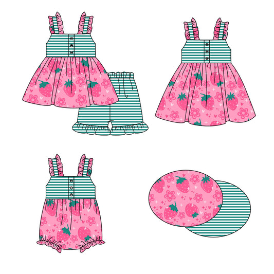1.16 custom each style moq 5eta 4-6week Sibling Sisters strawberry floral baby girl short sleeve shorts sets and dress and rompers match family design
