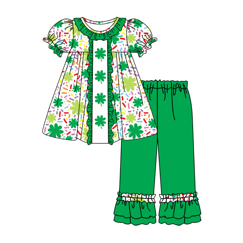 10.12 custom each style moq 5eta 4-6week Sibling Sister Four Leaf Clover green baby girl sets and dress and rompers match family design