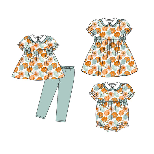 5.6 custom each style moq 5eta 4-6week Sibling Sisters pumpkin baby girl short sleeve pants sets and dress and rompers match family design