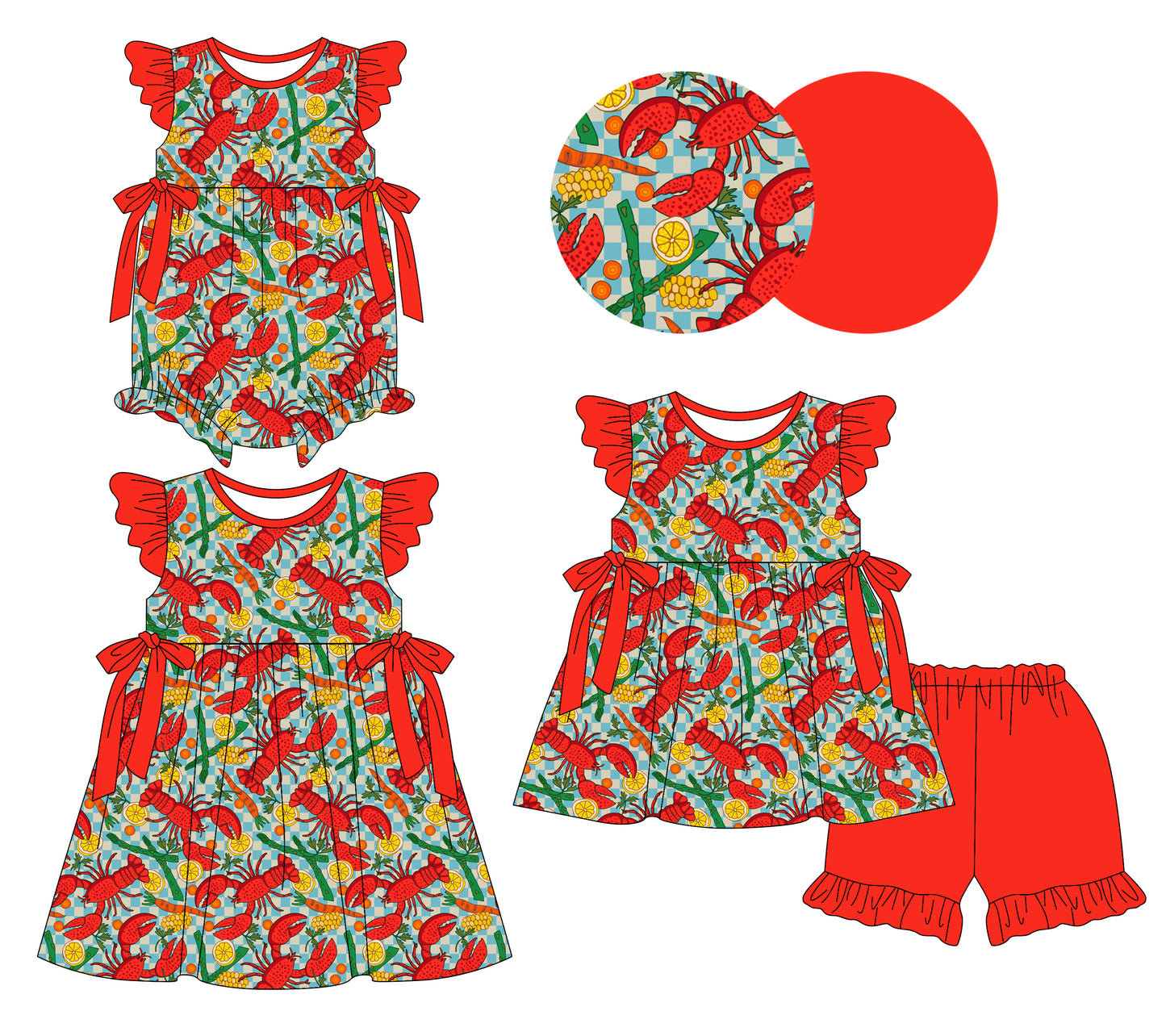 25.12.18 custom each style moq 5 eta 6-8week Sibling Sister lobster baby short sleeve shorts sets and romper and dress match design