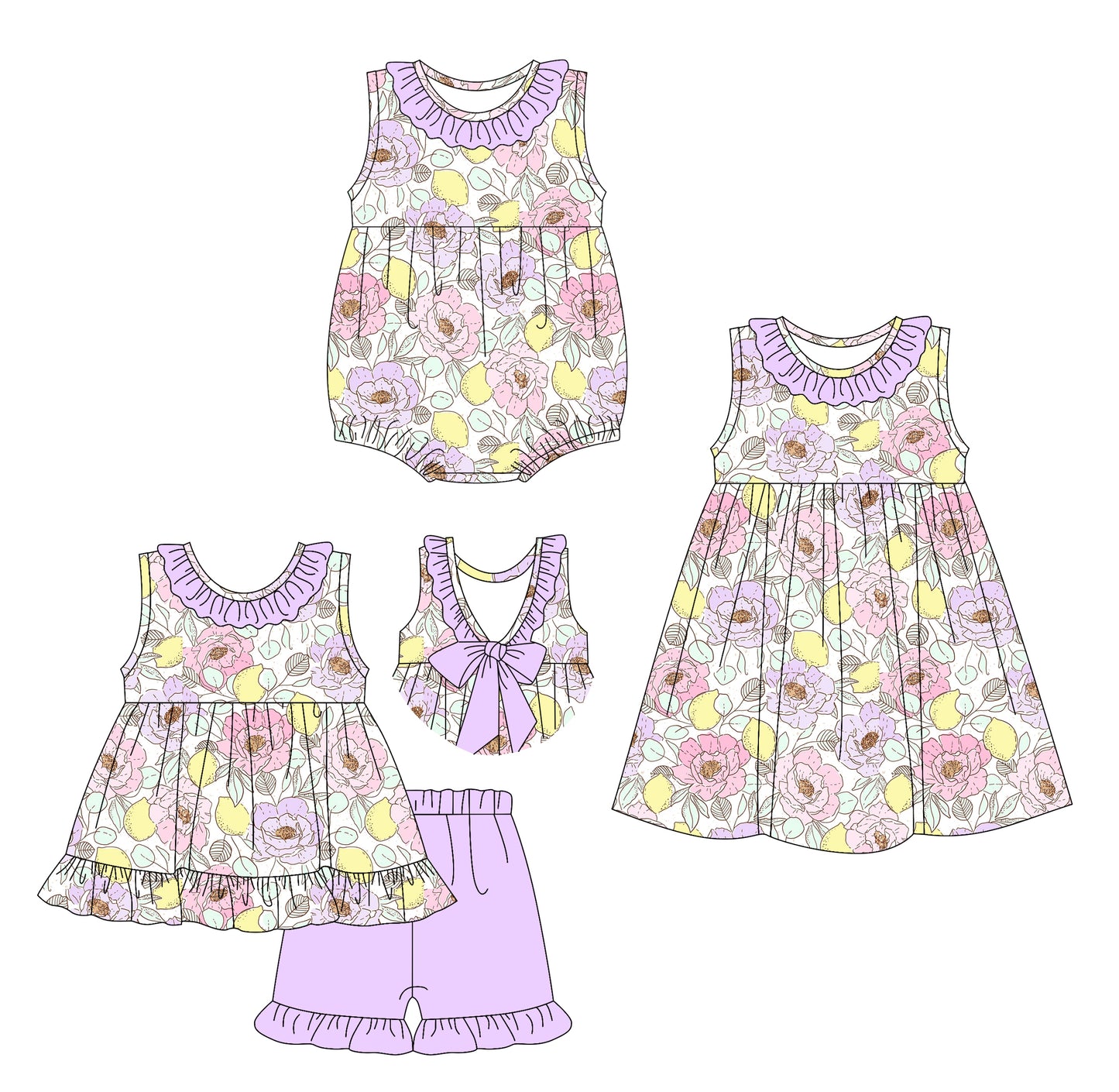 25.12.29 custom each style moq 5 eta 6-8week Sibling Sister floral baby short sleeve shorts sets and romper and dress match design