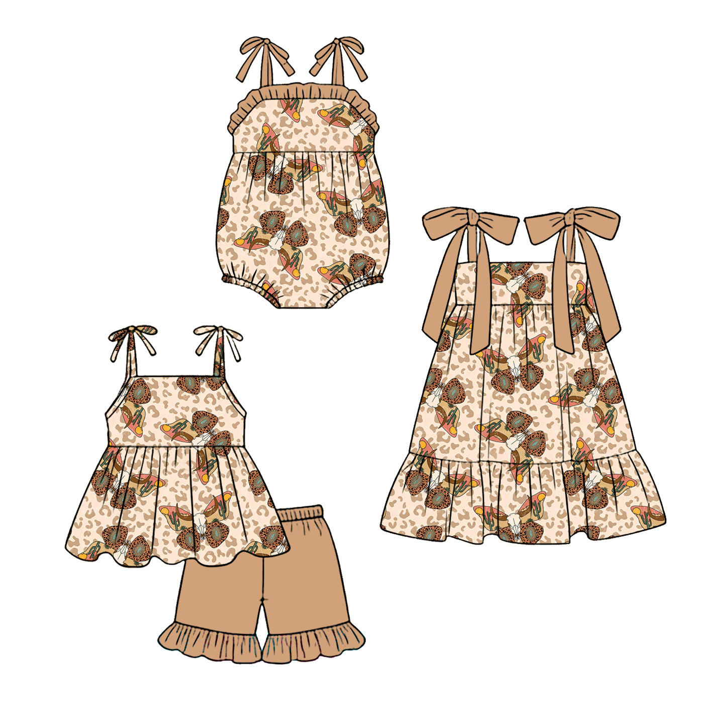 3.30 Custom moq 5 mix size Sibling Baby Girl's Brown Strap Top And Short Set Cute Romper Dress for Summer