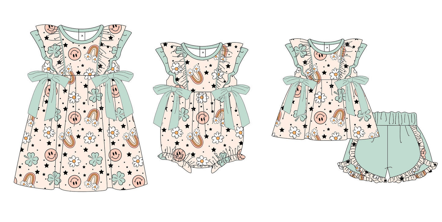 11.11 custom each style moq 5eta 4-6week Sibling Sister smiley baby girl short sleeve shorts sets and dress and rompers match family design