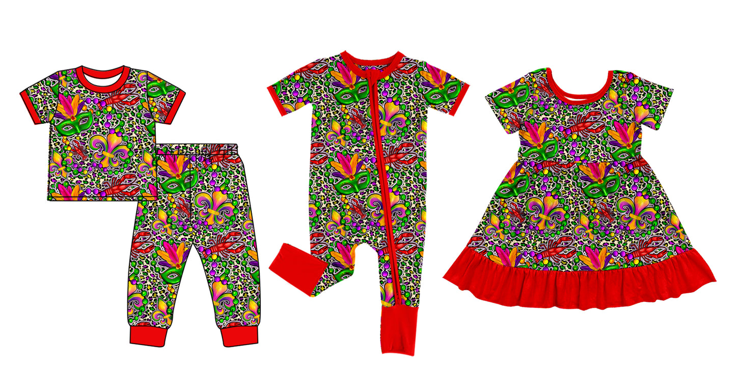 12.6 custom each style moq 5eta 4-6week Sibling Sister mardi gras baby girl sets and dress and rompers match family design
