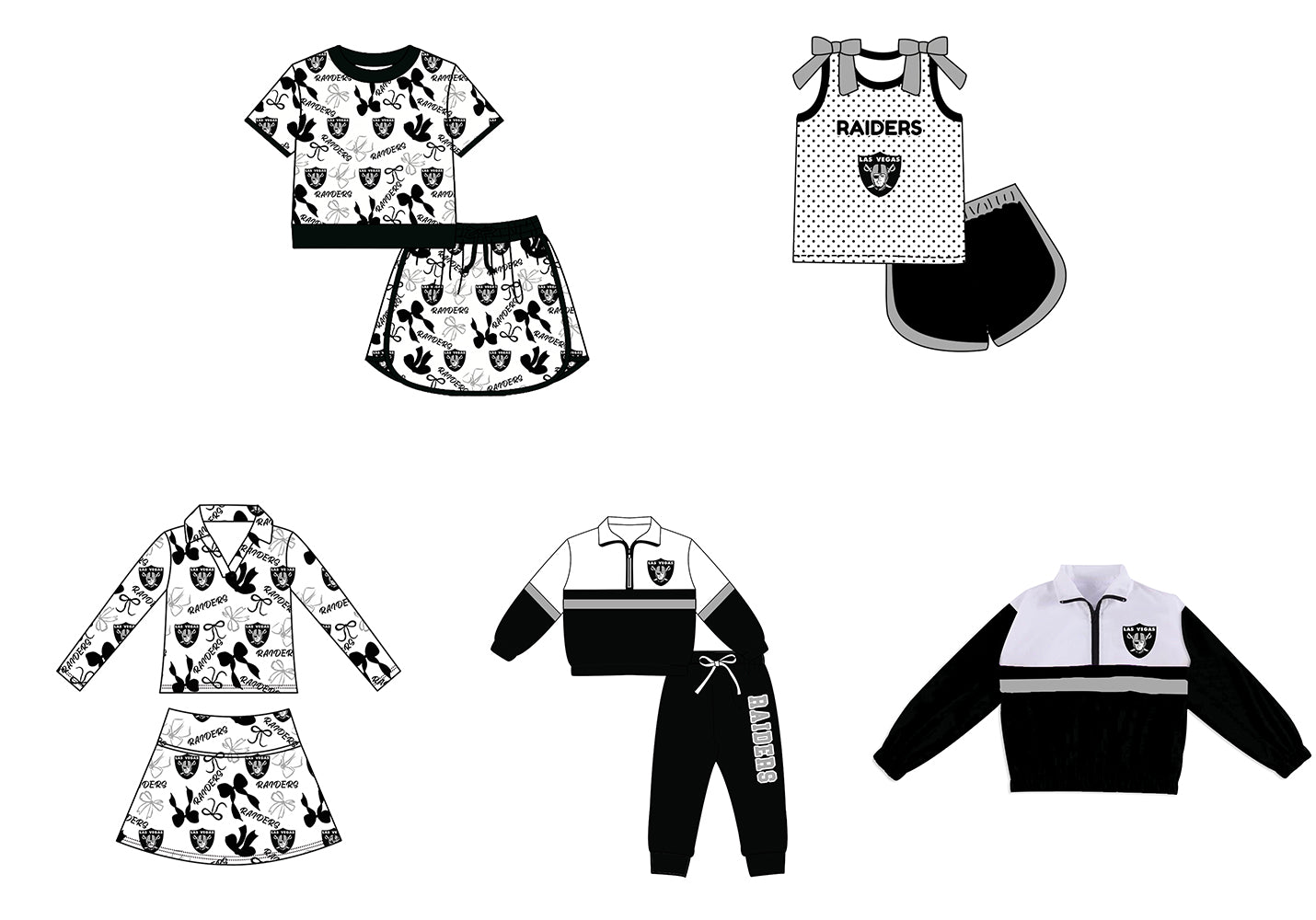 Custom moq 5 mix size summer teams Girls Polka Dot Top Shorts Set Bows Print Top Skirt Set Navy Blue Zipper Pullover Pants Set