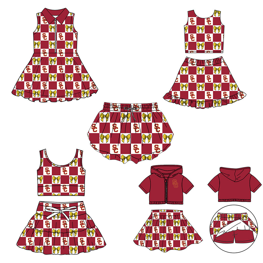 Custom moq 5 mix size Milk silk summer girls' three-piece set with letter bow print plaid sleeveless skirt including a dress and shorts