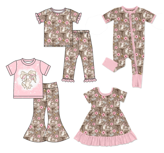 26.1.24 custom each style moq 5 eta 6-8week Sibling Sisters bunny floral baby girl short sleeve pants sets 2 and dress and rompers match family design