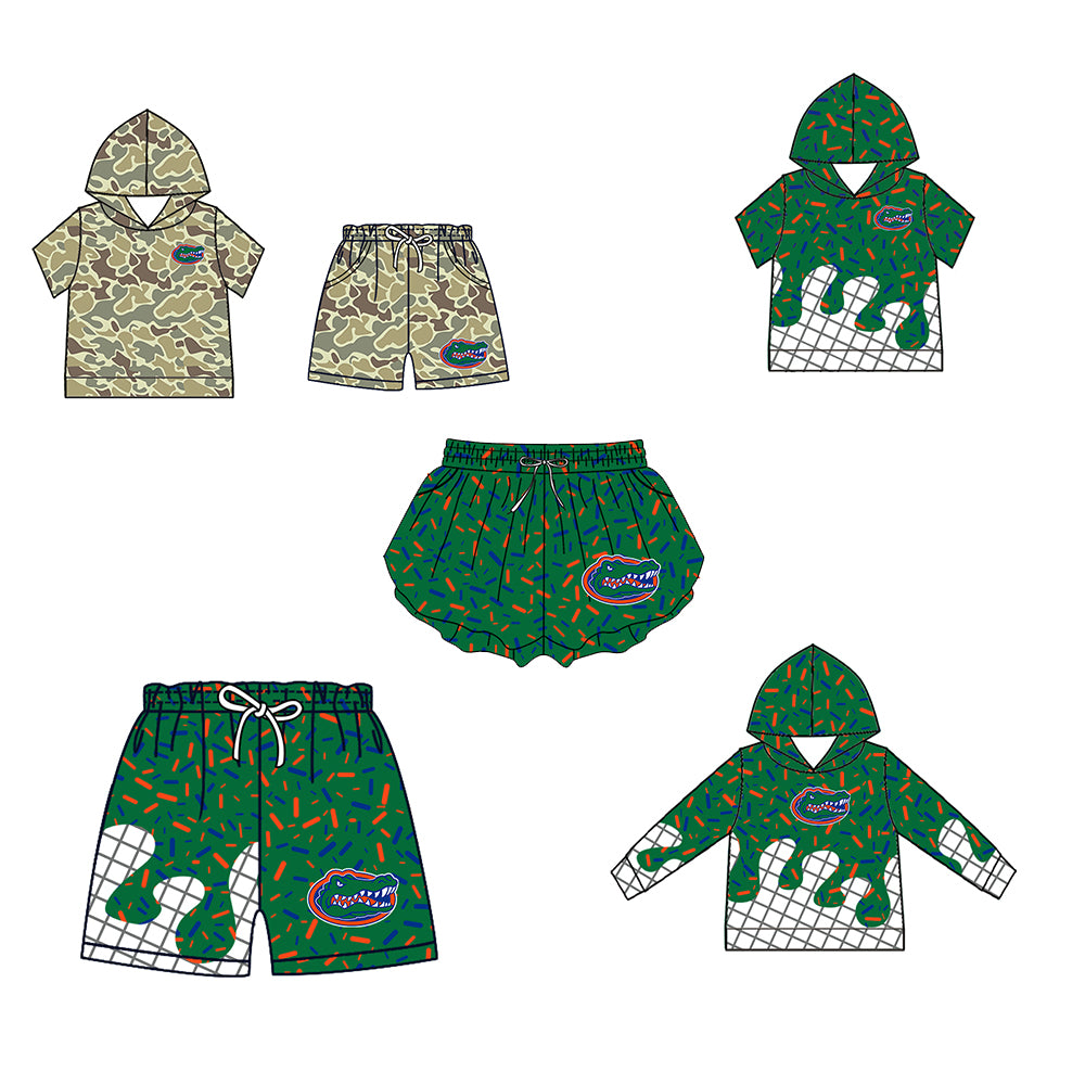 Custom moq 5 mix size milk silk summer teams Baby Camo Hooded Short Sleeve Top and Shorts Set Ice Cream Drips Hooded Green Top with Matching Shorts