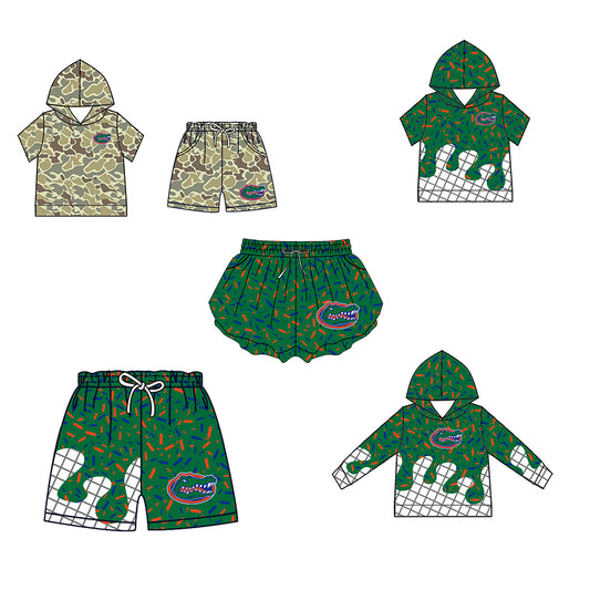 Custom moq 5 mix size milk silk summer teams Baby Camo Hooded Short Sleeve Top and Shorts Set Ice Cream Drips Hooded Green Top with Matching Shorts