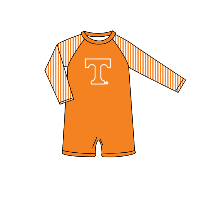 Custom moq 5 mix size milk silk summer teams baby girl boys clothes Orange Two-Piece Swimsuit Set One Piece Swimsuits boy swim trunks
