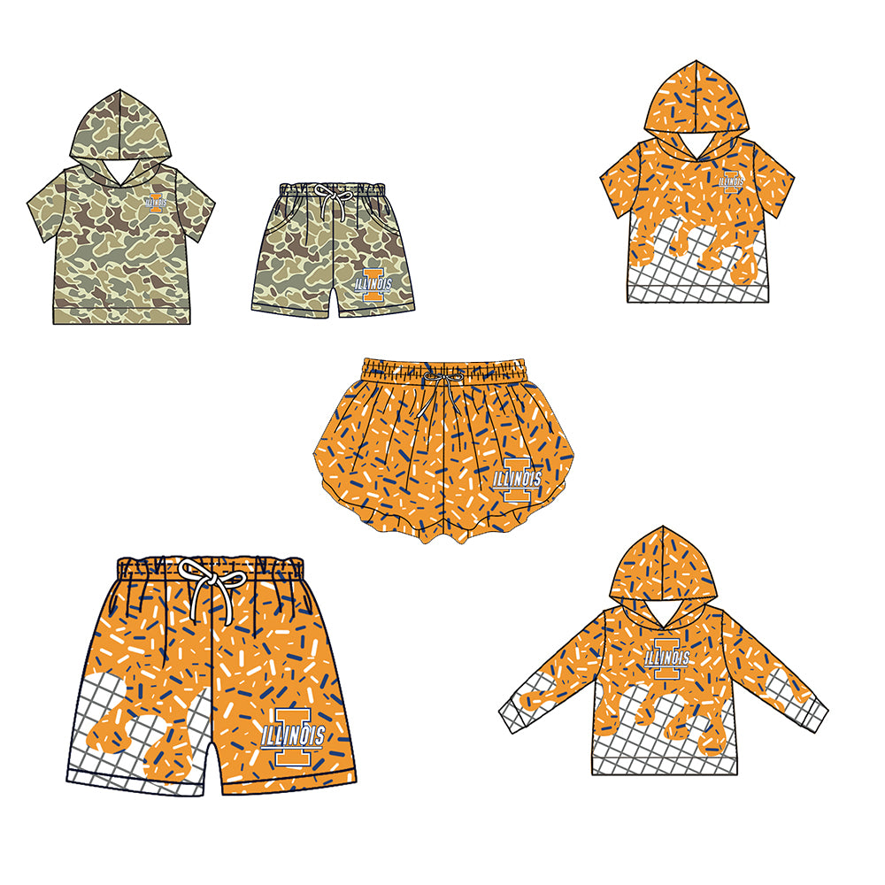 Custom moq 5 mix size milk silk summer teams Camo Hooded Short Sleeve Top Shorts Set Ice Cream Drips Orange Hooded Top with Matching Shorts For Kids
