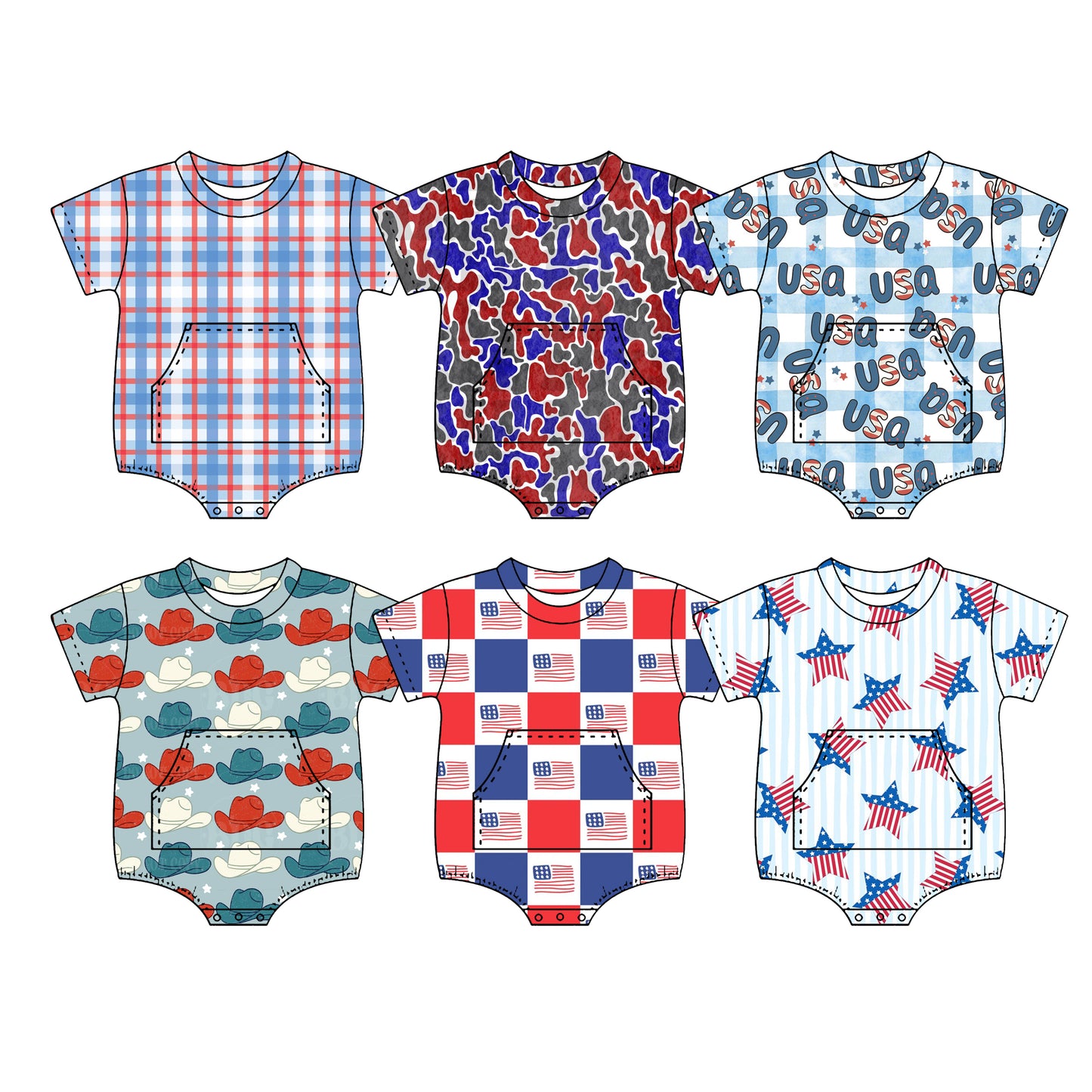 Custom moq 5 mix size Sibling Baby Boy's  Print Romper Short Sleeved with Pockets for Infants