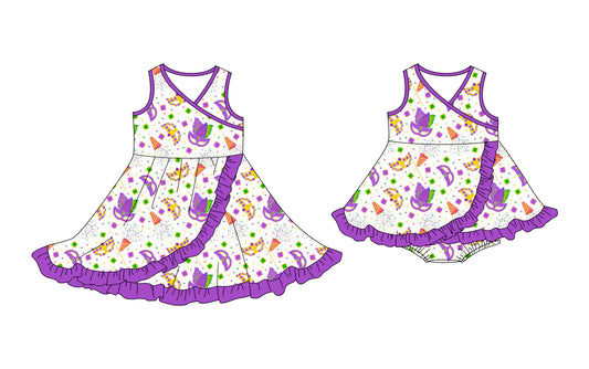 25.10.13 custom each style moq 5 eta 6-8week Sibling Sisters mardi gras baby girl short sleeve dress and romper match family design