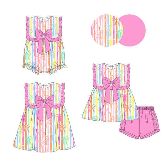3.14 custom each style moq 5eta 4-6week Sibling Sisters bow baby girl short sleeve shorts sets and dress and rompers match family design