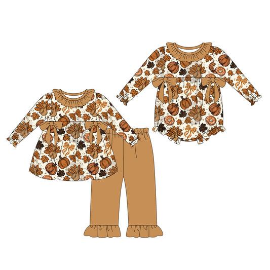 25.8.6 custom each style moq 5eta 4-6week Sibling Sister pumpkin bow baby girl long sleeve pants sets and rompers match family design
