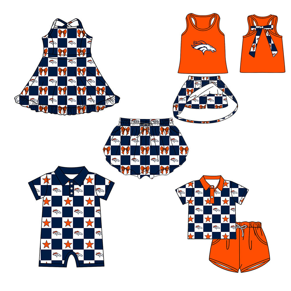 Custom moq 5 mix size milk silk summer teams Navy Blue Checked Baby Girl Sleeveless Top Skirt Short Set Dress And Shorts Yoga Outfit Boy's Top Shorts Set Romper
