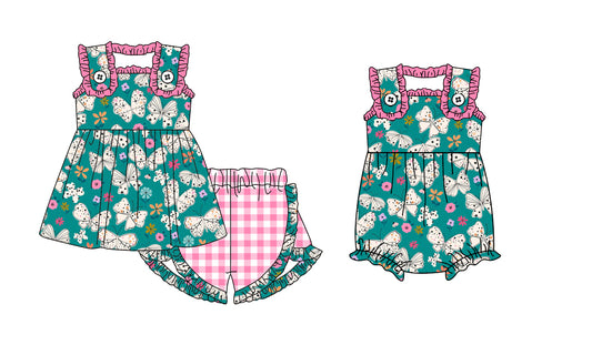 3.1 custom each style moq 5eta 4-6week Sibling Sister bow baby girl short sleeve shorts sets and romper match design
