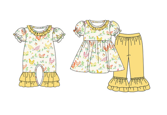 25.9.22 custom each style moq 8 eta 6-8week Sibling Sisters hen floral baby girl clothes short sleeve pants sets and romper match family design