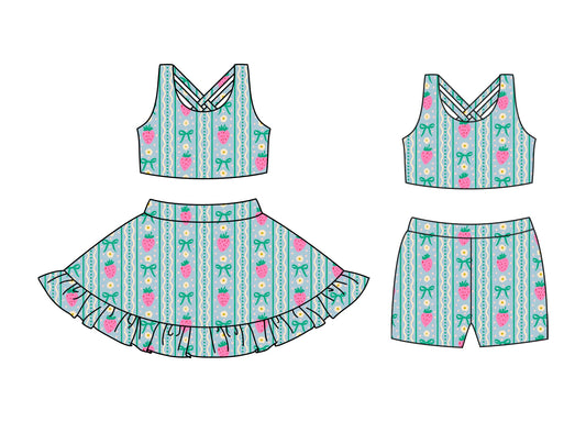 3.24 custom each style moq 5eta 4-6week Sibling Sister strawberry bow floral baby girl short sleeve shorts sets and dresses match design