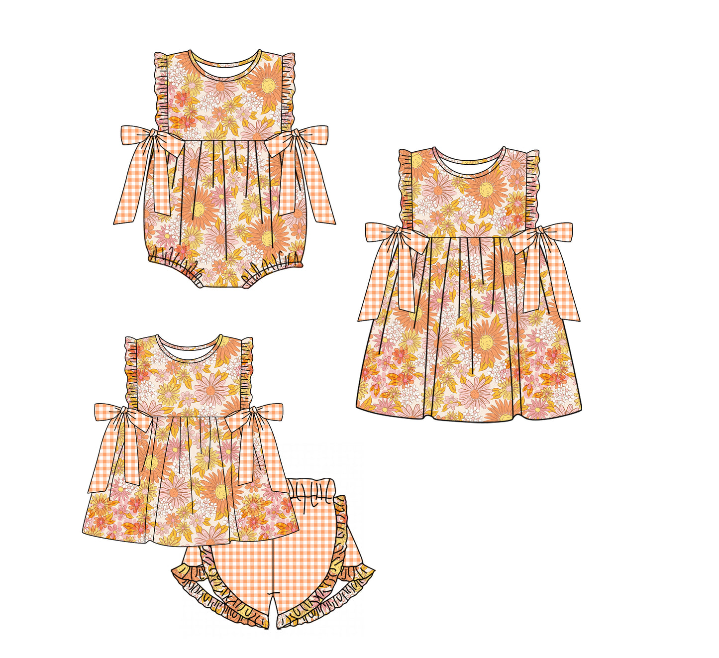 11.14 custom each style moq 5eta 4-6week Sibling Sister floral baby girl short sleeve shorts sets and dress and rompers match family design