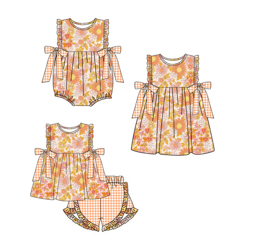 11.14 custom each style moq 5eta 4-6week Sibling Sister floral baby girl short sleeve shorts sets and dress and rompers match family design