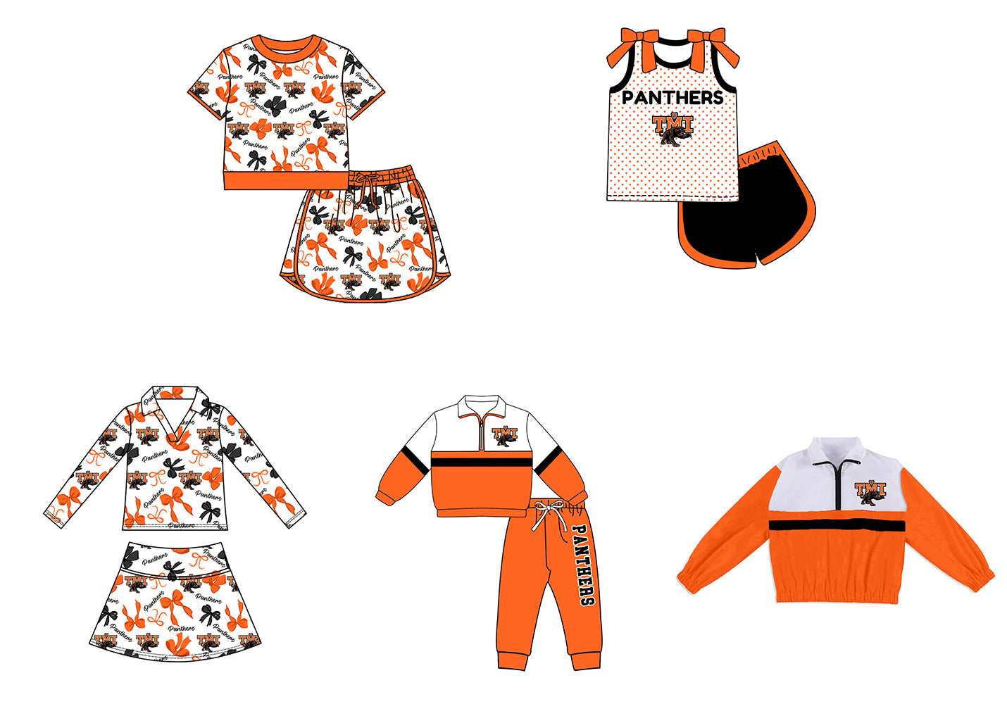 Custom moq 5 mix size milk silk summer teams Girls Orange Polka Dot Top Shorts Set Top Skirt Short Set Zipper Pullover Jogger Pants Set