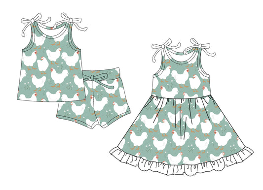 4.14 custom each style moq 5eta 4-6week Sibling Sister hen baby girl short sleeve shorts sets and dresses match design