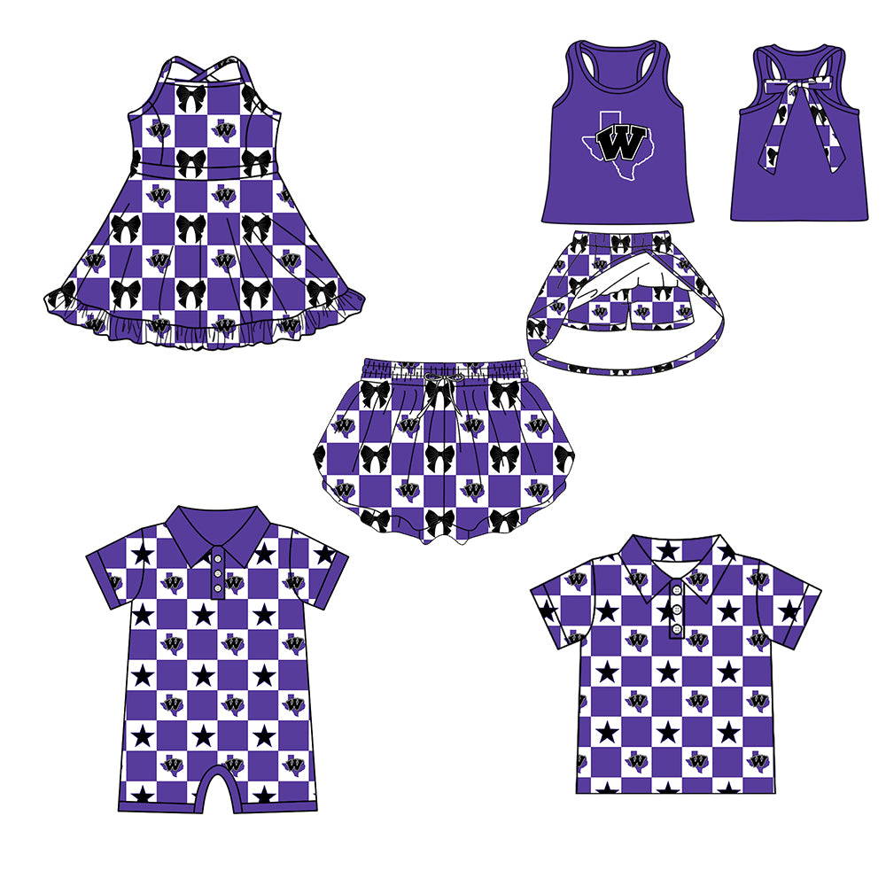Custom moq 5 mix size milk silk summer teams Baby Girl Purple Sleeveless Top Skirts Set Dress And Shorts Yoga Checked Outfit Boy's Checked Short-Sleeved Polo Shirt And Romper