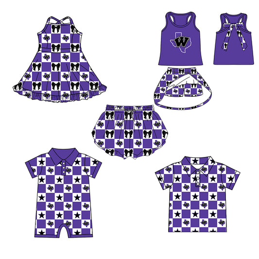 Custom moq 5 mix size milk silk summer teams Baby Girl Purple Sleeveless Top Skirts Set Dress And Shorts Yoga Checked Outfit Boy's Checked Short-Sleeved Polo Shirt And Romper