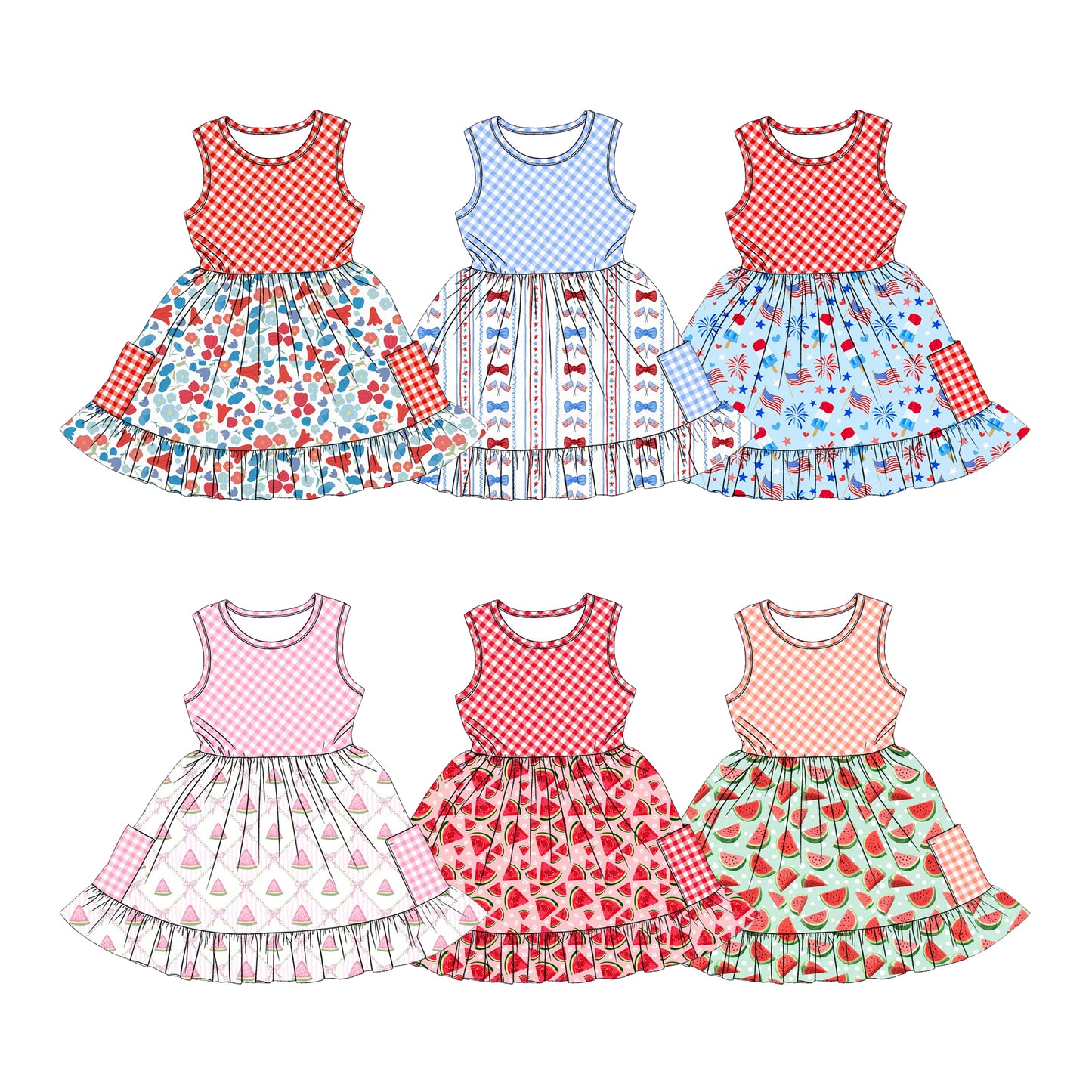 Custom moq 5 mix size Sibling Baby Girl's Plaid Sleeveless Knee-Length Dress Summer Dress for Little Girls