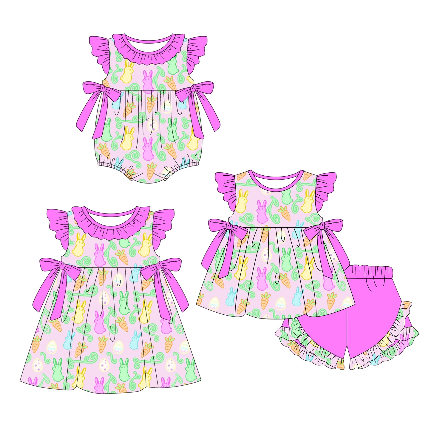 25.11.7 custom each style moq 5 eta 6-8week Sibling Sister bunny bow baby short sleeve shorts sets and romper and dress match design