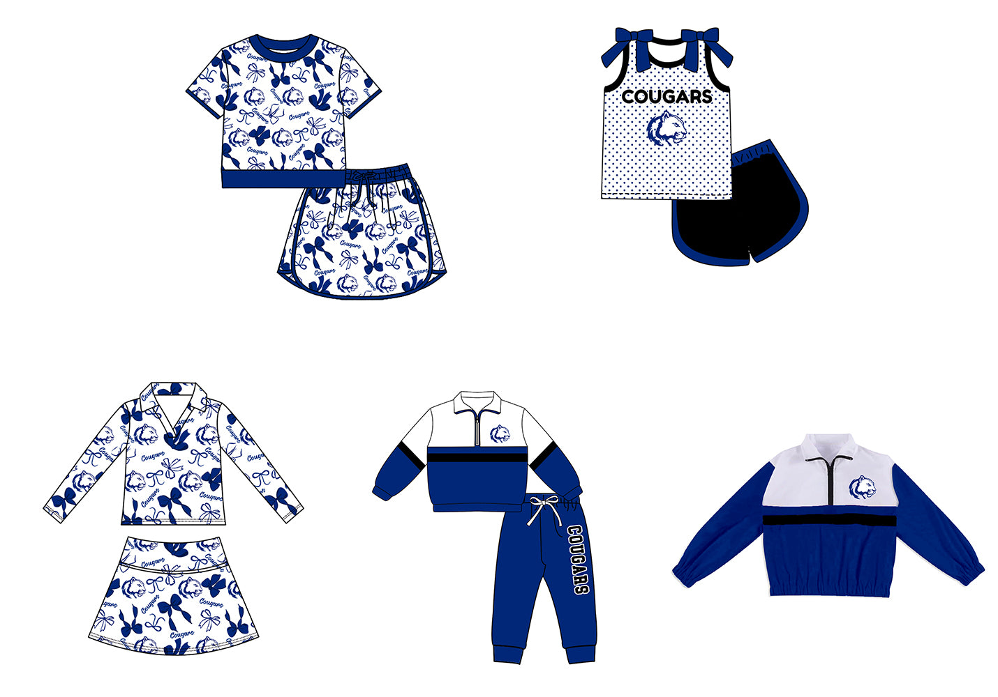Custom moq 5 mix size milk silk summer teams Girls Polka Dot Top Shorts Set Top Skirt Short Set Navy Blue Zipper Pullover Jogger Pants Set